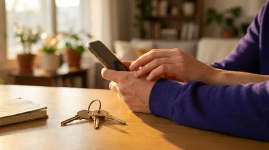 Huissleutels op tafel naast handen met een smartphone nadat het bod op het huis is geaccepteerd