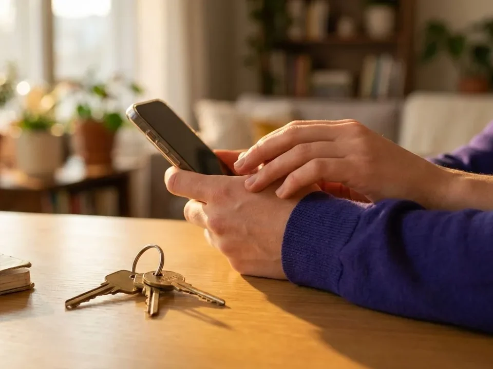 Huissleutels op tafel naast handen met een smartphone nadat het bod op het huis is geaccepteerd