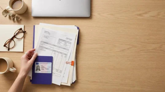 Stapel documenten voor een hypotheekaanvraag met loonstrook en identiteitsbewijs op een bureau