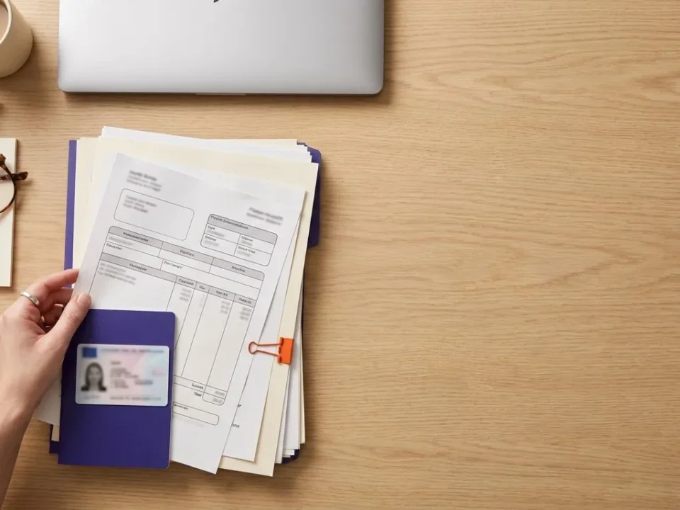 Stapel documenten voor een hypotheekaanvraag met loonstrook en identiteitsbewijs op een bureau