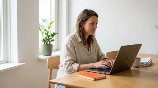 Vrouw vraagt thuis aan de eettafel online haar hypotheek aan op een laptop