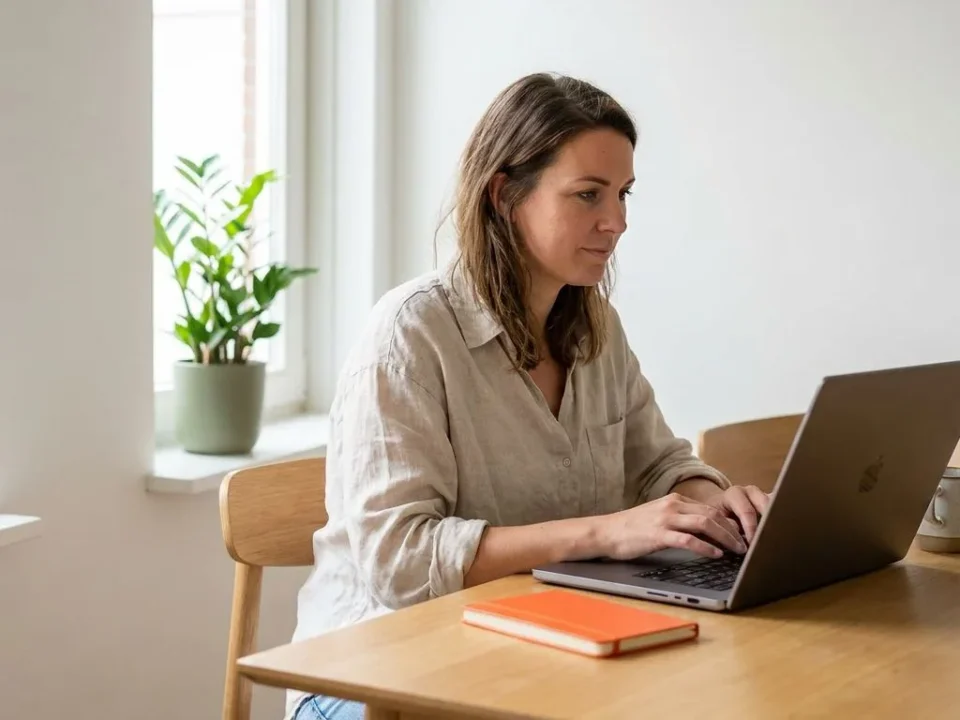 Vrouw vraagt thuis aan de eettafel online haar hypotheek aan op een laptop