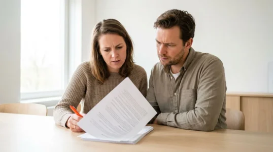 Stel leest samen de koopovereenkomst door om de ontbindende voorwaarden te controleren
