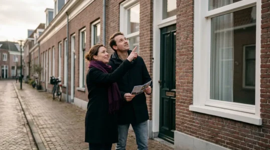 Stel bekijkt samen een rijtjeshuis in een Nederlandse straat bij de eerste stap van het huis kopen